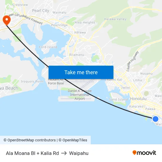 Ala Moana Bl + Kalia Rd to Waipahu map