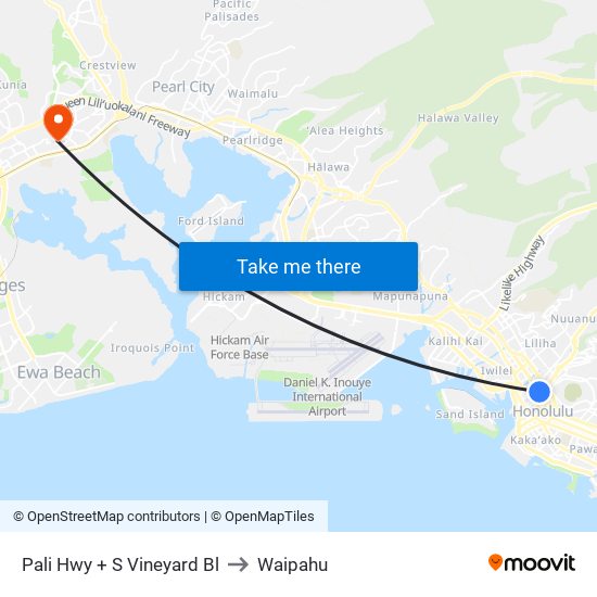 Pali Hwy + S Vineyard Bl to Waipahu map