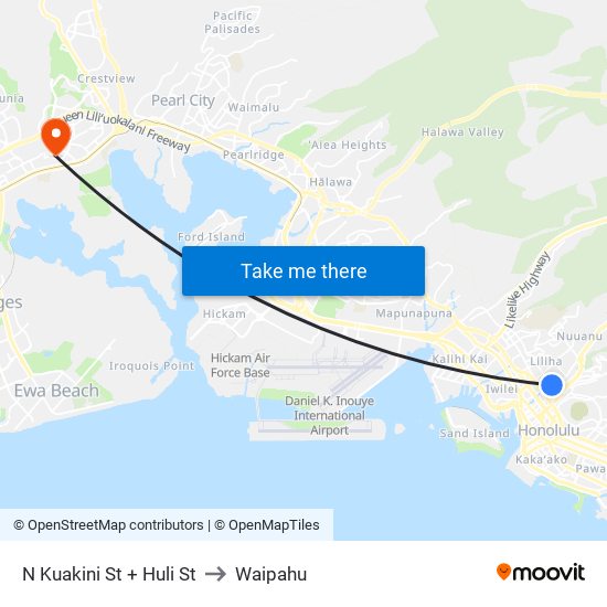 N Kuakini St + Huli St to Waipahu map