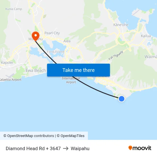 Diamond Head Rd + 3647 to Waipahu map