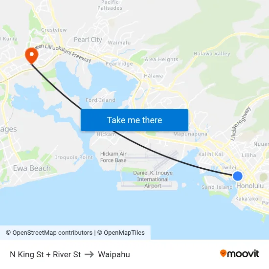 N King St + River St to Waipahu map