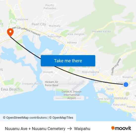 Nuuanu Ave + Nuuanu Cemetery to Waipahu map
