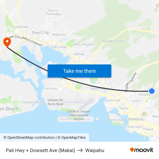 Pali Hwy + Dowsett Ave (Makai) to Waipahu map