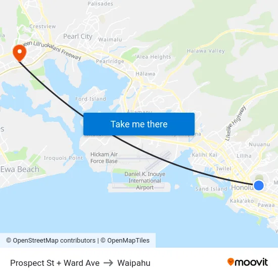 Prospect St + Ward Ave to Waipahu map