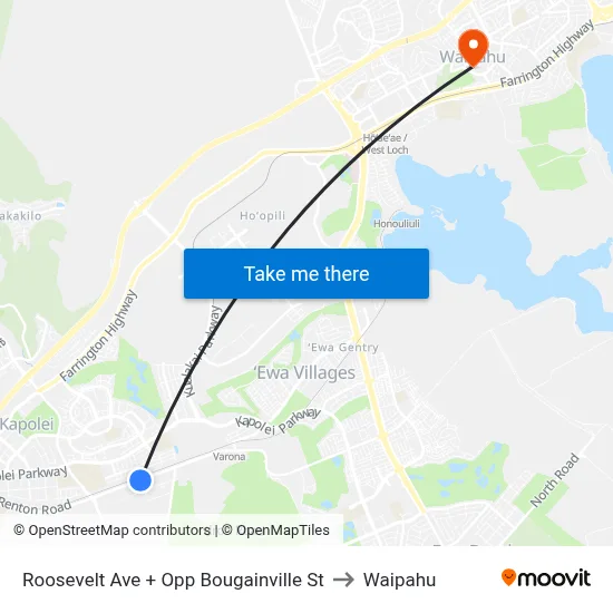 Roosevelt Ave + Opp Bougainville St to Waipahu map