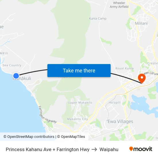 Princess Kahanu Ave + Farrington Hwy to Waipahu map