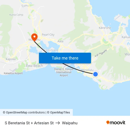S Beretania St + Artesian St to Waipahu map