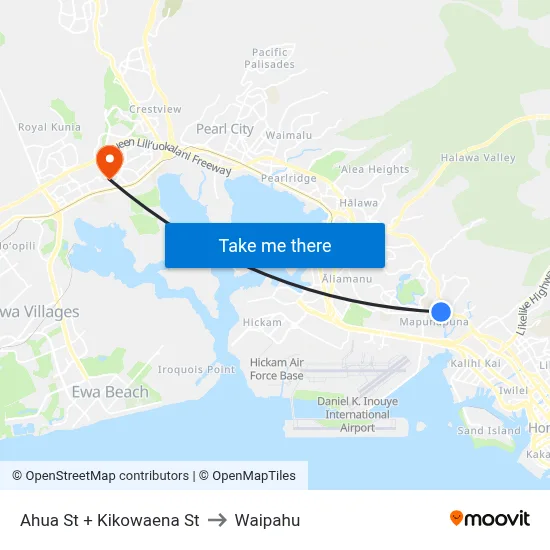 Ahua St + Kikowaena St to Waipahu map