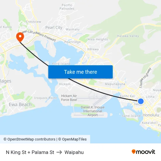 N King St + Palama St to Waipahu map