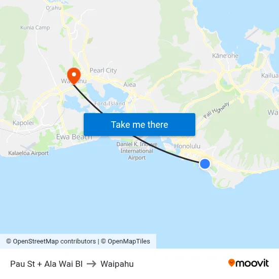 Pau St + Ala Wai Bl to Waipahu map