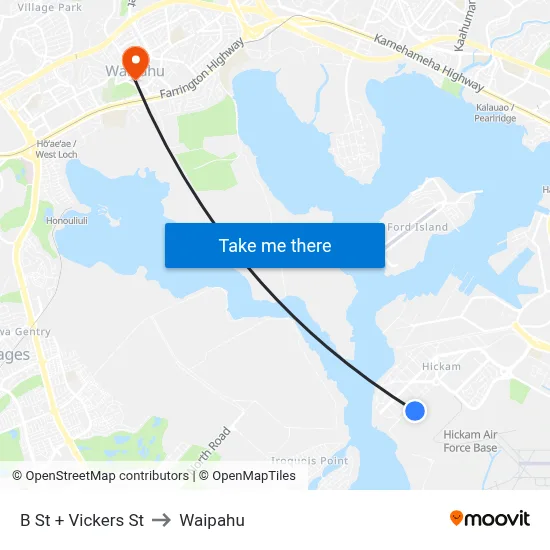 B St + Vickers St to Waipahu map