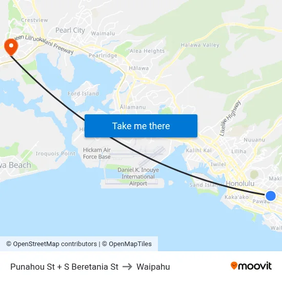 Punahou St + S Beretania St to Waipahu map