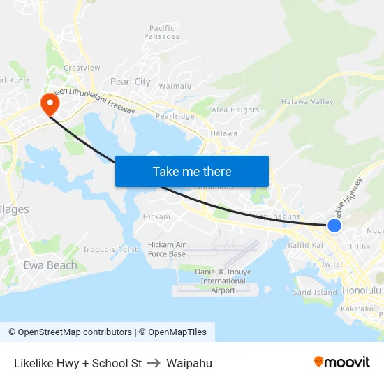 Likelike Hwy + School St to Waipahu map