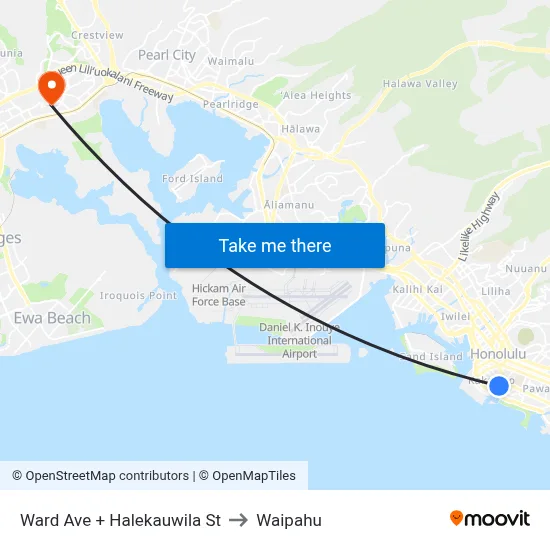 Ward Ave + Halekauwila St to Waipahu map