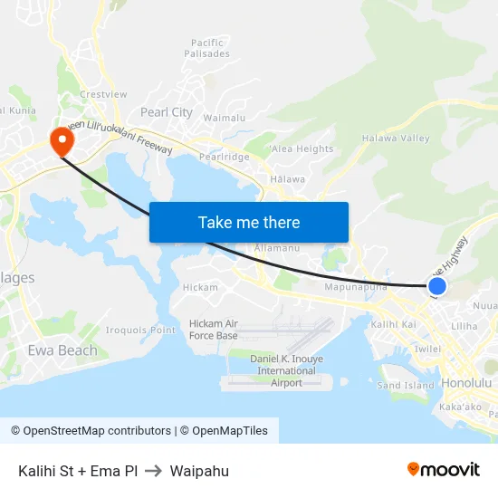 Kalihi St + Ema Pl to Waipahu map