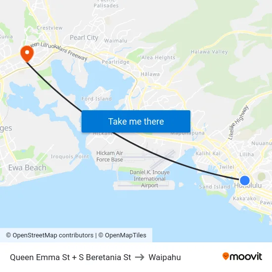 Queen Emma St + S Beretania St to Waipahu map