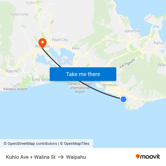 Kuhio Ave + Walina St to Waipahu map