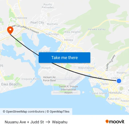 Nuuanu Ave + Judd St to Waipahu map