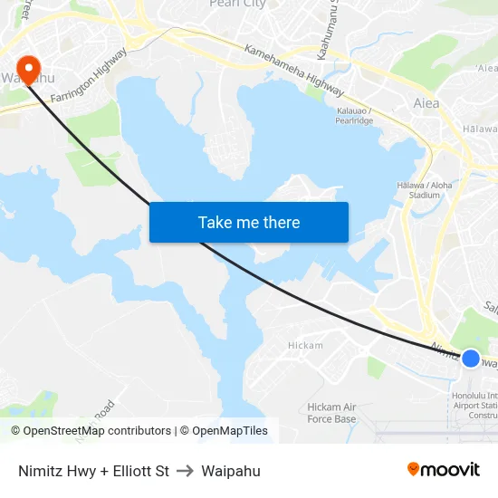 Nimitz Hwy + Elliott St to Waipahu map