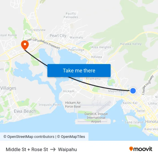 Middle St + Rose St to Waipahu map
