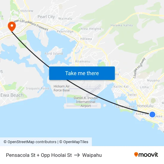 Pensacola St + Opp Hoolai St to Waipahu map