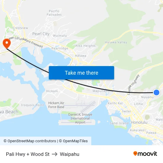 Pali Hwy + Wood St to Waipahu map