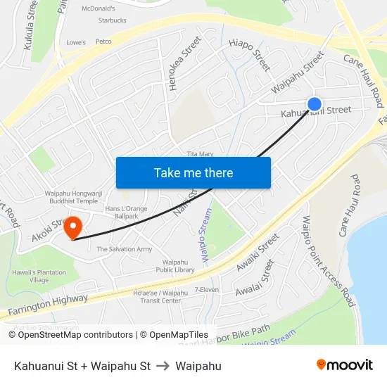 Kahuanui St + Waipahu St to Waipahu map