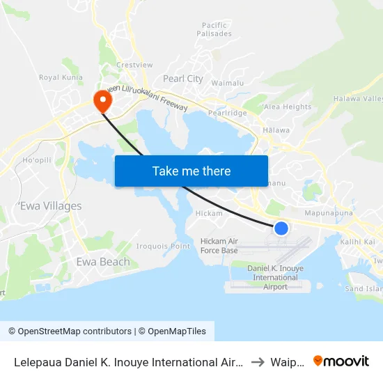 Lelepaua Daniel K. Inouye International Airport Station to Waipahu map