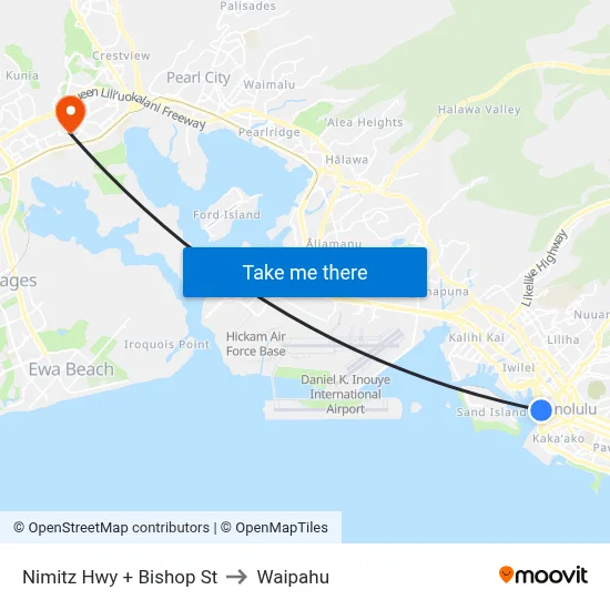 Nimitz Hwy + Bishop St to Waipahu map