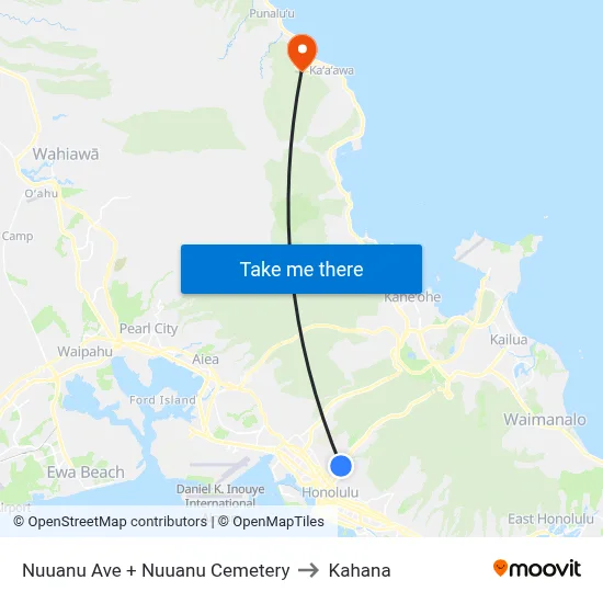 Nuuanu Ave + Nuuanu Cemetery to Kahana map
