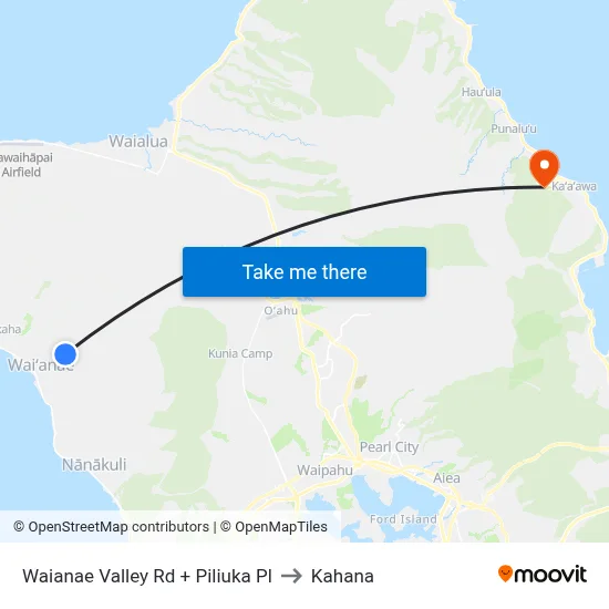 Waianae Valley Rd + Piliuka Pl to Kahana map
