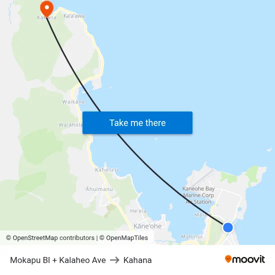 Mokapu Bl + Kalaheo Ave to Kahana map