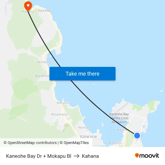 Kaneohe Bay Dr + Mokapu Bl to Kahana map