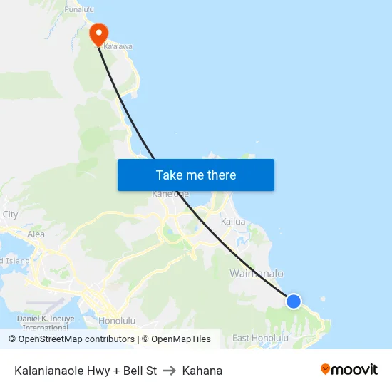 Kalanianaole Hwy + Bell St to Kahana map