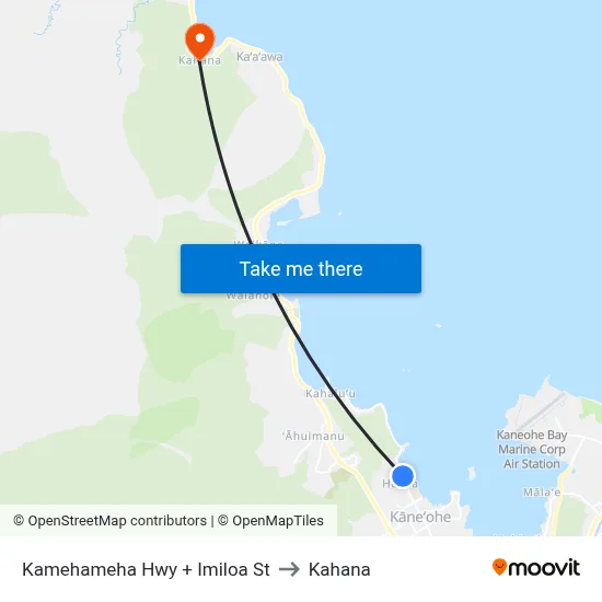 Kamehameha Hwy + Imiloa St to Kahana map