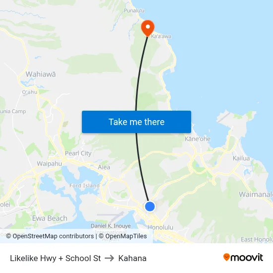 Likelike Hwy + School St to Kahana map