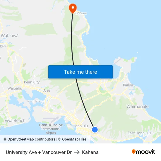 University Ave + Vancouver Dr to Kahana map