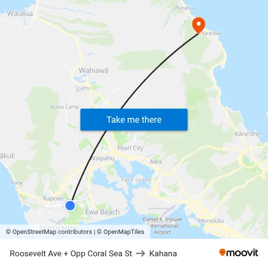 Roosevelt Ave + Opp Coral Sea St to Kahana map