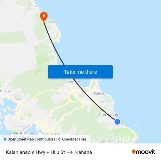 Kalanianaole Hwy + Hilu St to Kahana map