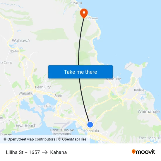 Liliha St + 1657 to Kahana map
