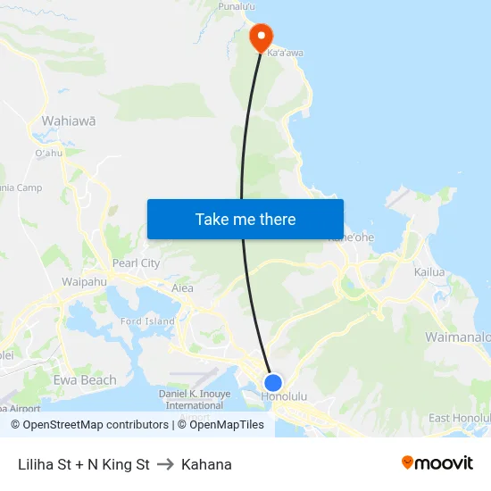 Liliha St + N King St to Kahana map