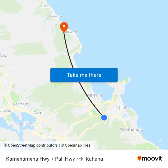 Kamehameha Hwy + Pali Hwy to Kahana map