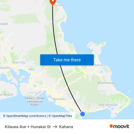 Kilauea Ave + Hunakai St to Kahana map