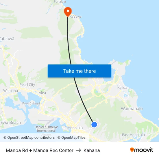 Manoa Rd + Manoa Rec Center to Kahana map