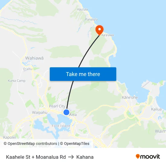 Kaahele St + Moanalua Rd to Kahana map