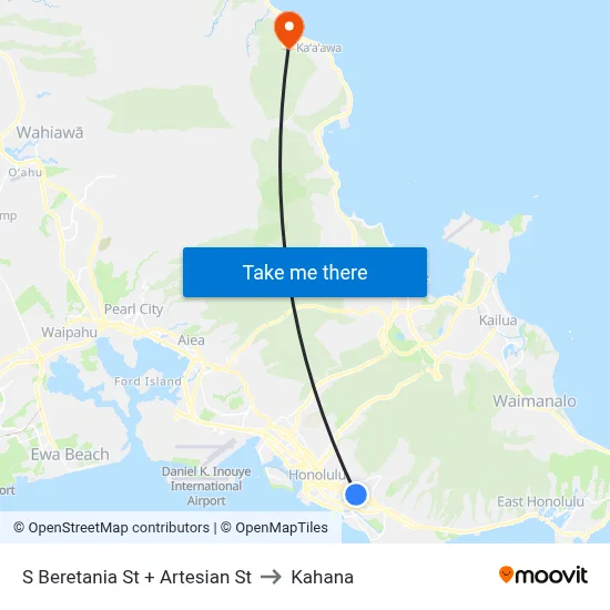 S Beretania St + Artesian St to Kahana map
