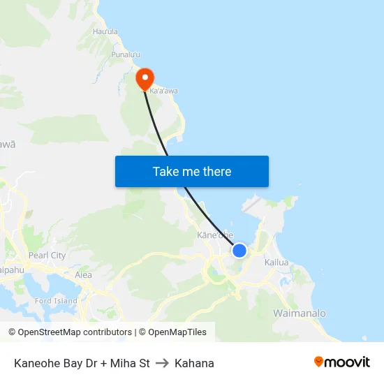 Kaneohe Bay Dr + Miha St to Kahana map