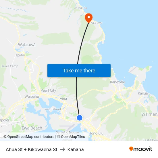 Ahua St + Kikowaena St to Kahana map