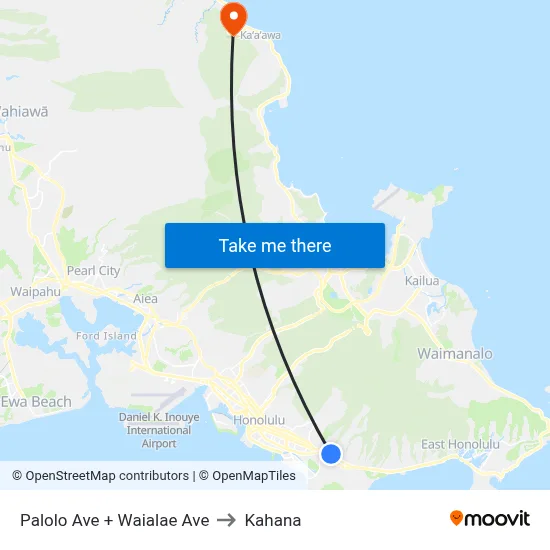 Palolo Ave + Waialae Ave to Kahana map
