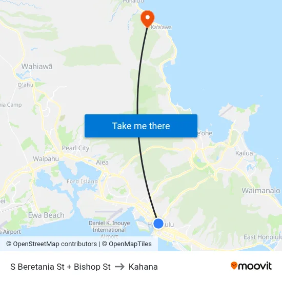 S Beretania St + Bishop St to Kahana map